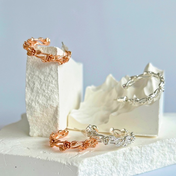 Rose Hoops Earrings 18K Gold Rose Earrings Gold Hoops Earrings Twig Earrings - Picture 8 of 10